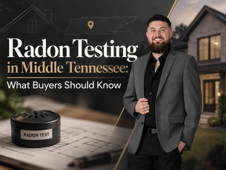 Blog graphic for “Radon Testing in Middle Tennessee: What Buyers Should Know,” featuring a smiling real estate agent in a gray blazer beside a home exterior, with a radon test device displayed on top of house plans.