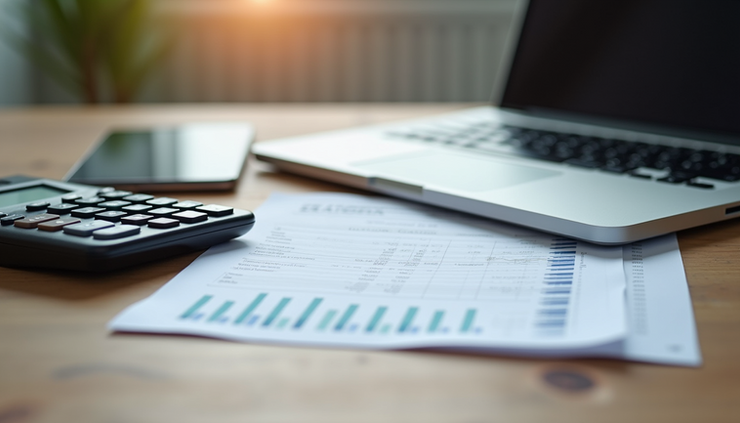 Eye-level view of a modern workspace with financial documents and a calculator