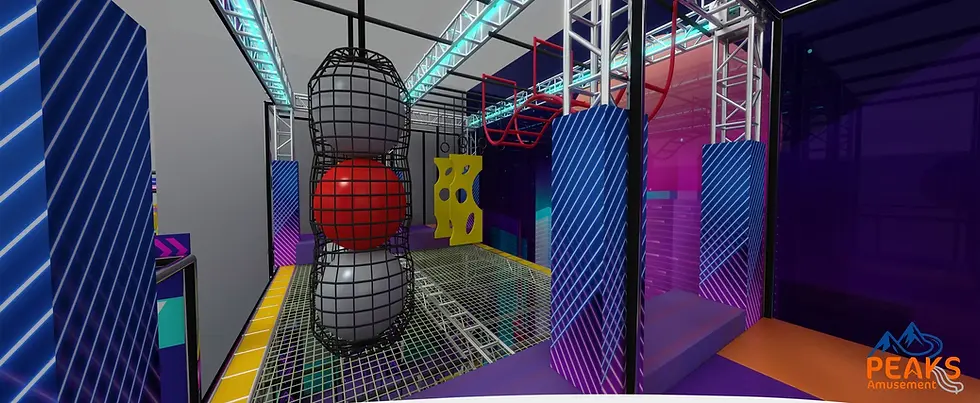 Planungsvisualisierung Family World: Spiel- und Kletterstrukturen mit dunklen Rahmen und Neonfarben. PEAKS Amusement, PDF-Seite 12.