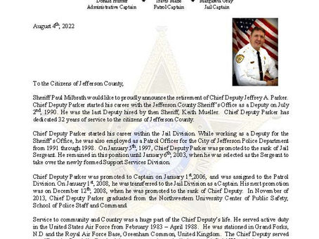 Chief Deputy Jeffrey A. Parker Retires from Jefferson County Sheriff's Office