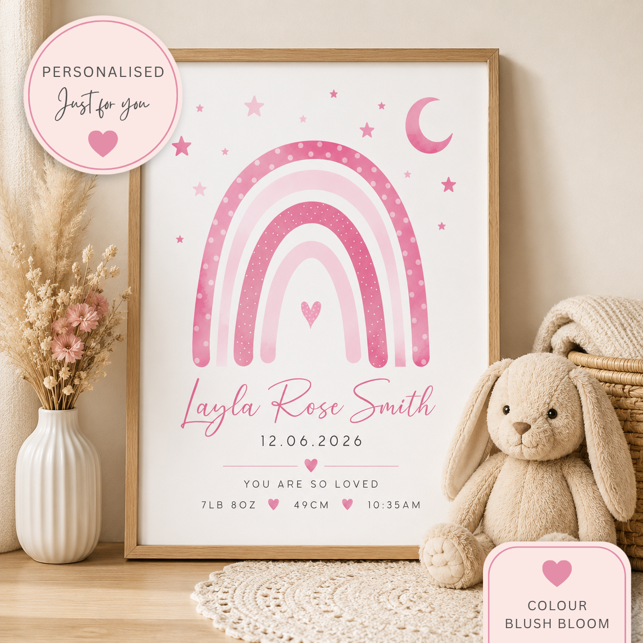 Personalised Rainbow Birth Stats Print | New Baby Gift & Nursery Decor
