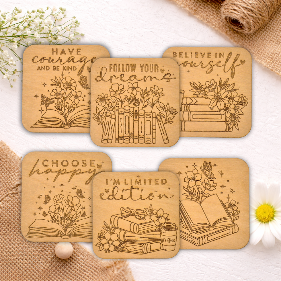 Set of 6 engraved wooden book lover coasters with inspirational quotes