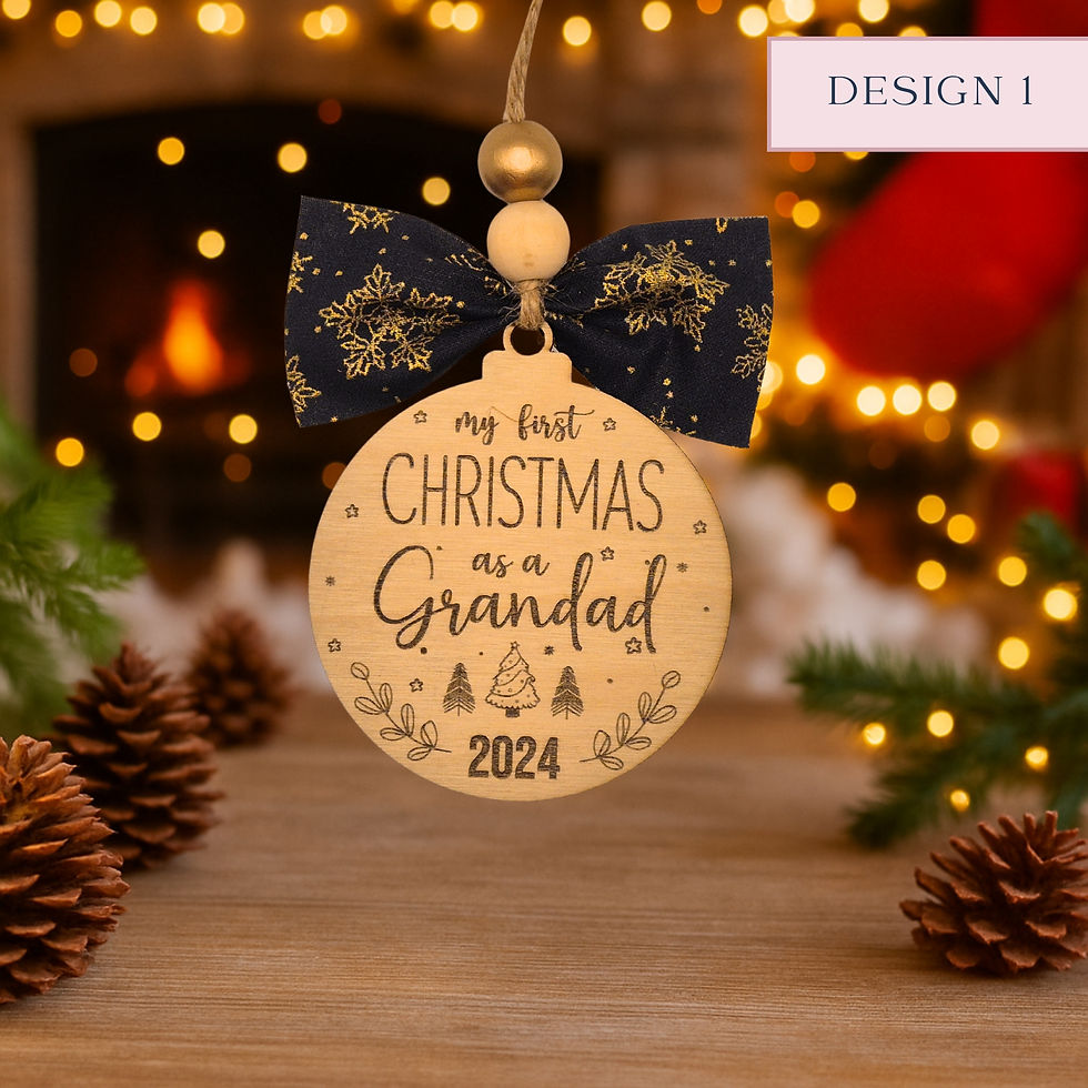 Personalised My First Christmas as a Grandad wooden ornament 2024 with navy bow and festive background