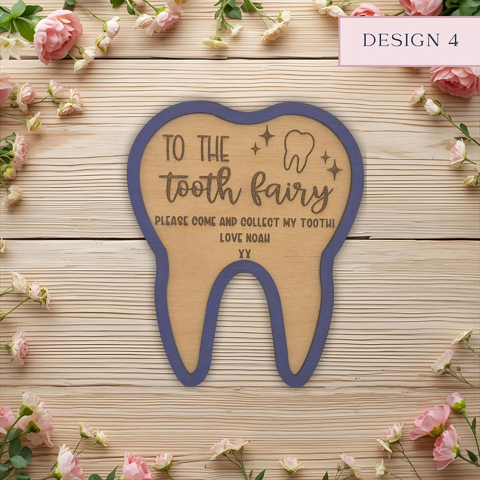 Thumbnail: Personalised wooden tooth fairy plaque with blue border, engraved with “To The Tooth Fairy” and name Noah.