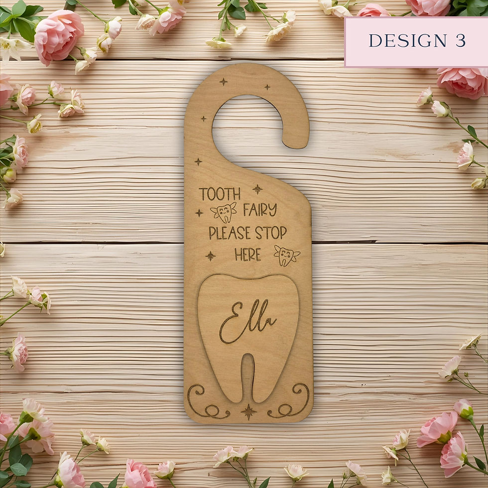 Thumbnail: Custom wooden tooth fairy door hanger engraved “Has a Tooth Ready for Collection” with name Grace.