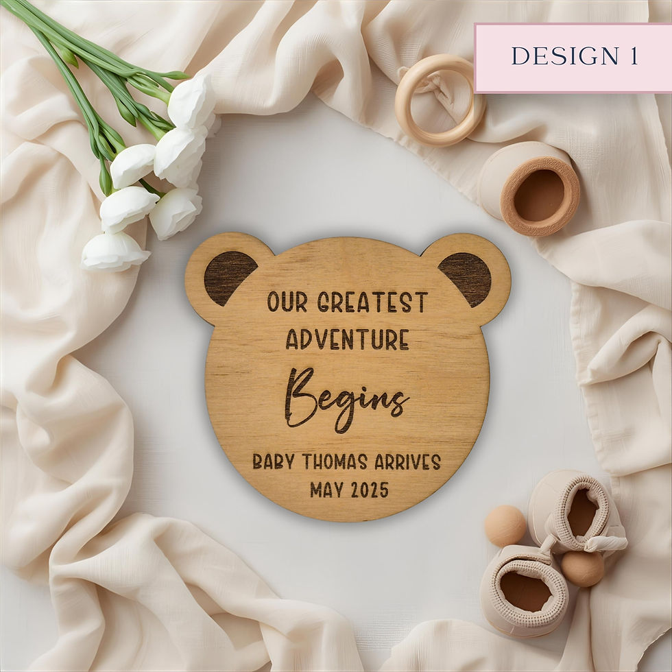 Personalised wooden pregnancy announcement plaque in bear shape with engraved text