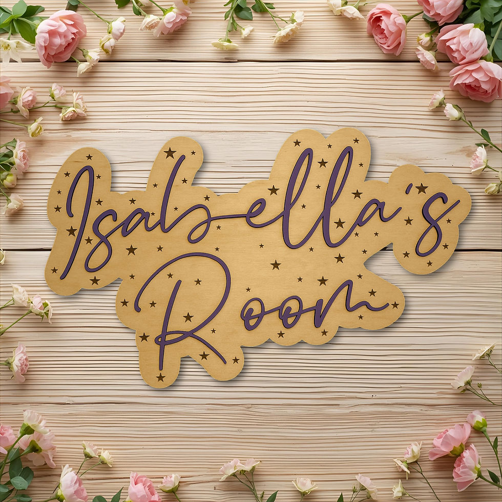 Personalised wooden name sign reading “Isabella’s Room” with engraved stars and 3D lettering.