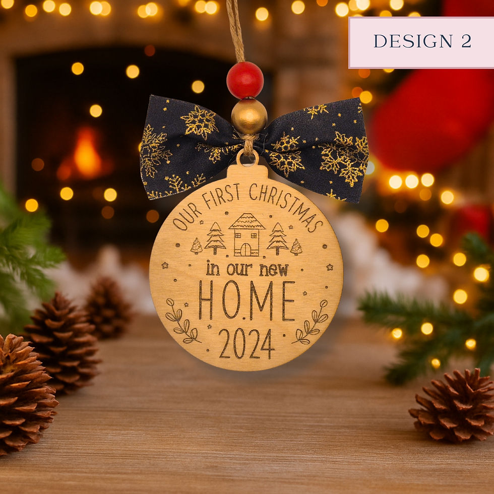 Engraved Our First Christmas in Our New Home wooden ornament 2024 with navy bow and cosy Christmas lights background