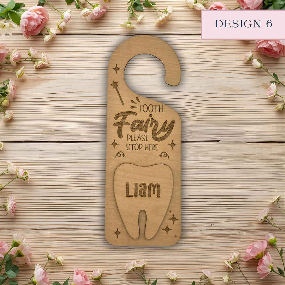 Thumbnail: Personalised wooden tooth fairy door hanger engraved “Tooth Fairy Please Stop Here” with name Liam.