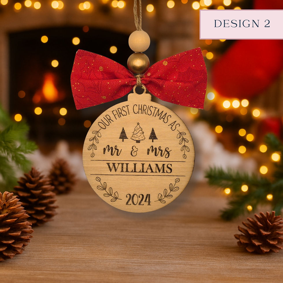 Engraved our first Christmas as Mr and Mrs 2024 ornament with red festive bow and gold bead.