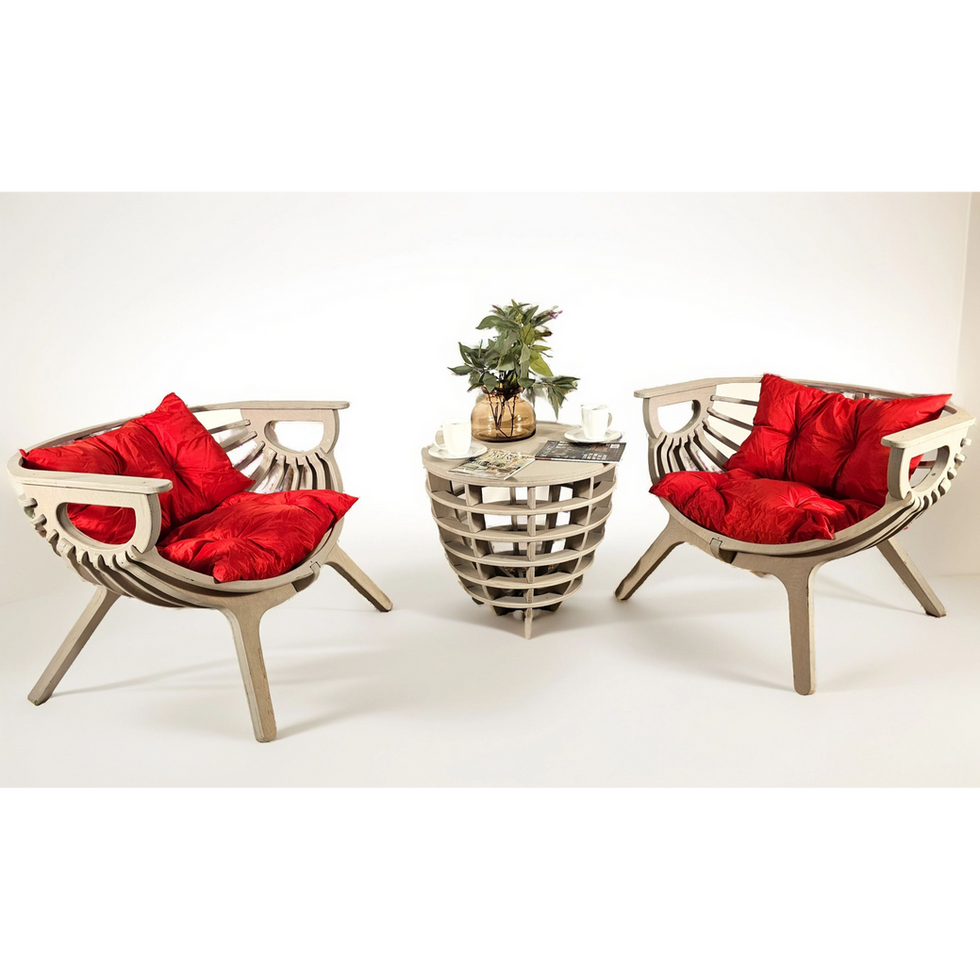 modern 2 chair patio set with coffee table and red comfortable pillows