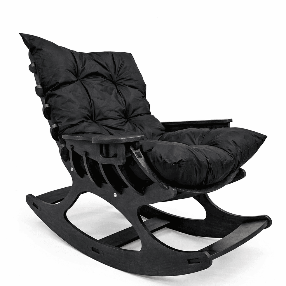 modern wooden rocking chair with soft black cushion made in the USA