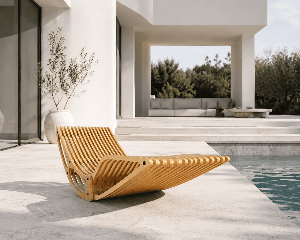 Outdoor chaise lounge chairs in sculptural wooden design, modern rocking lounger for poolside, patio, garden