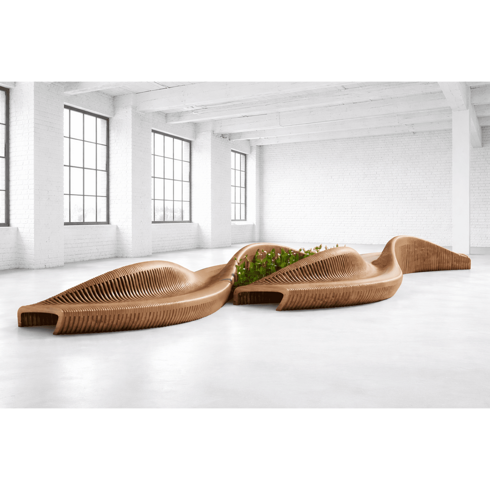 Custom Parametric Bench outdoor with planter, large curved wood seating for commercial courtyard and public spaces