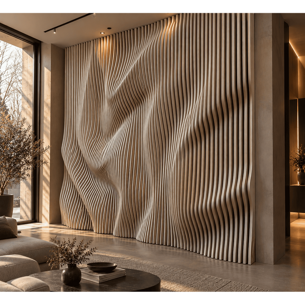Modern wood paneling for walls with parametric wave design, decorative oak and birch plywood wall panel