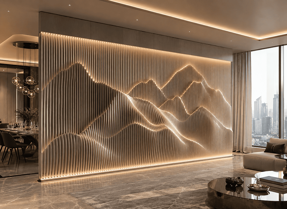 Parametric wooden wall panel with sculptural CNC-cut waves, handcrafted from premium plywood for modern interiors.