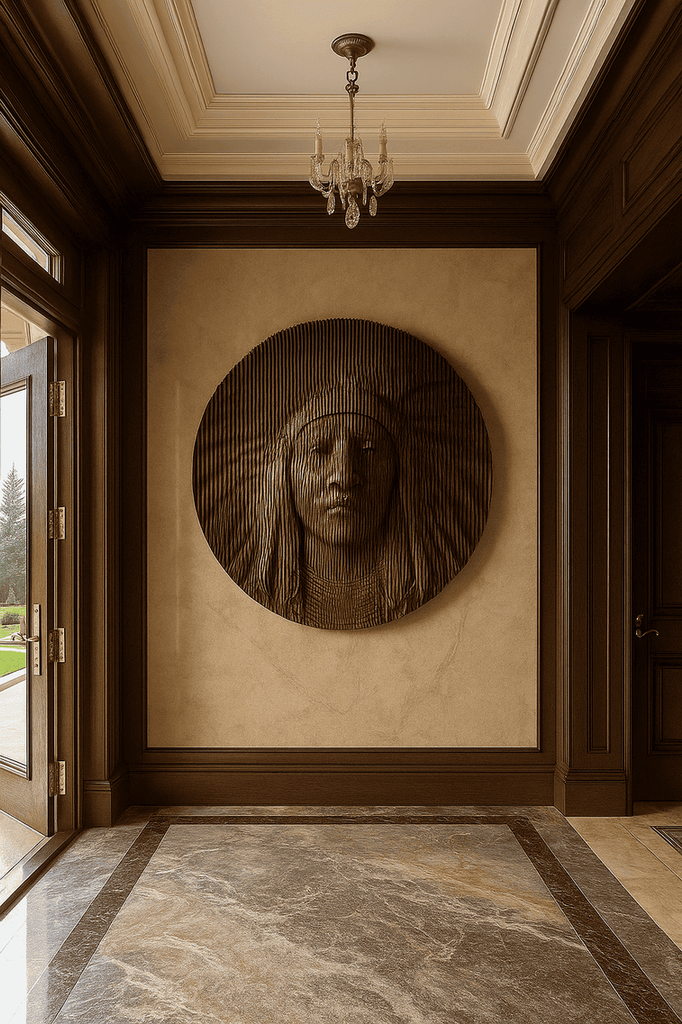 "Parametric wood accent wall titled 'The Indian's Face', handcrafted from birch plywood and finished with natural linseed oil