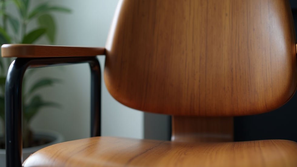 Close-up view of wood grain and metal accents on a custom-made chair