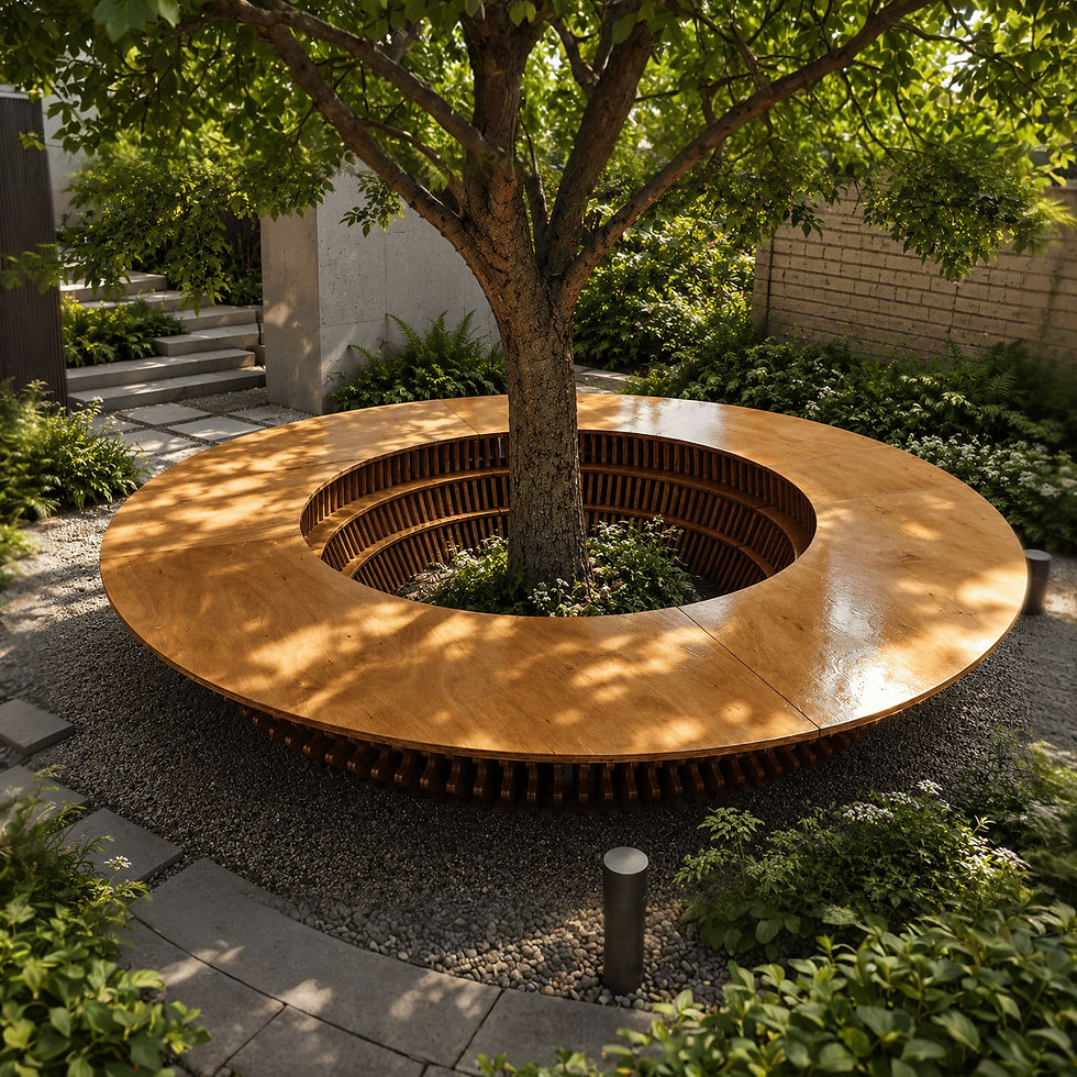 Modern round outdoor wooden bench with parametric design, built around a tree, featuring a black seat and integrated planter