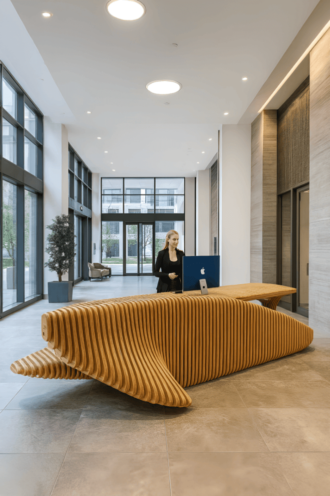 Aurea Wave Desk — modern parametric reception desk made from layered birch or oak plywood.