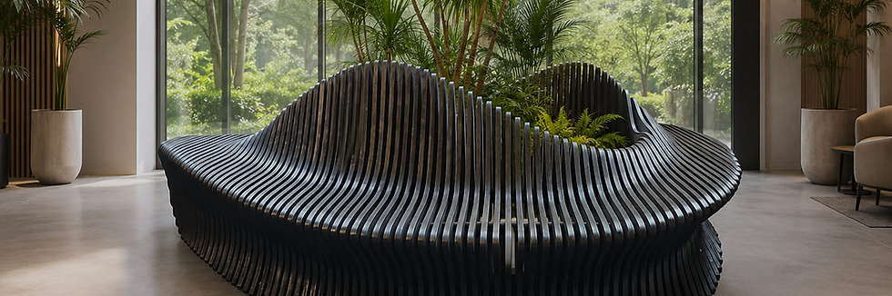 Contemporary wooden bench made from layered birch or oak plywood with sculptural form.