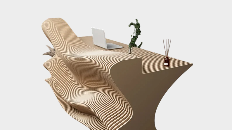 Sculptural wooden reception desk with organic curves placed in a luxurious modern apartment lobby with floor-to-ceiling windo