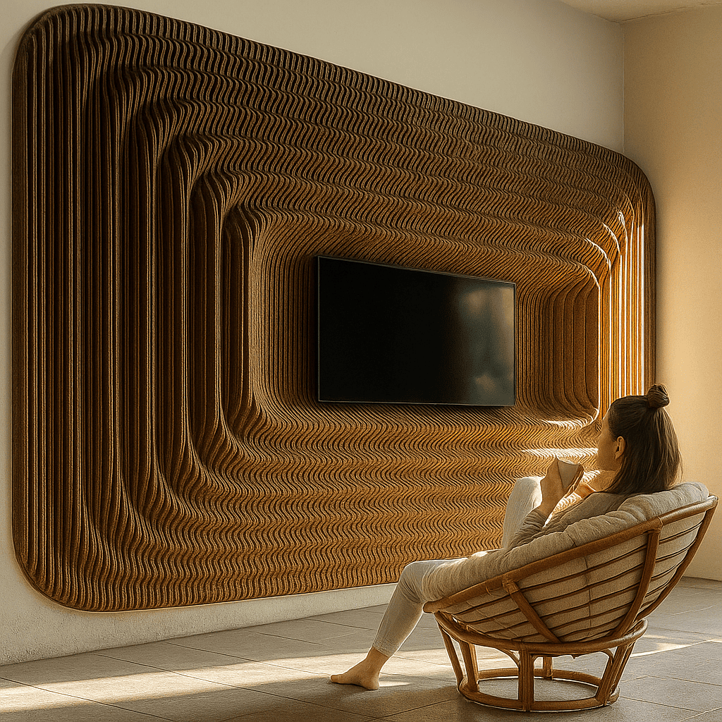 woman sitting on chair in front of the Wooden 3D Wall