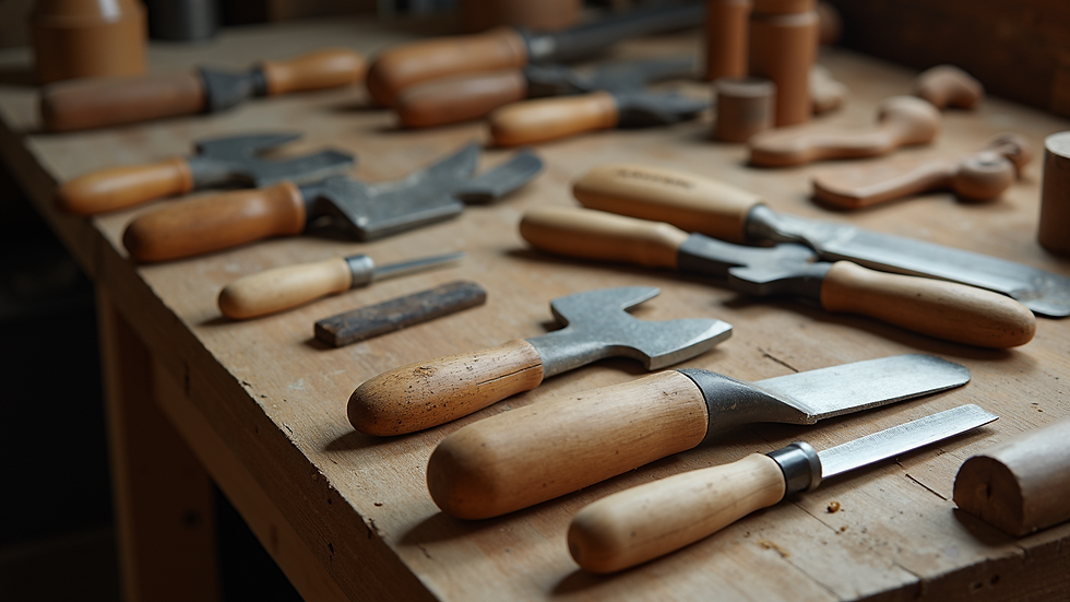 High angle view of woodworking tools arranged neatly on a workbench