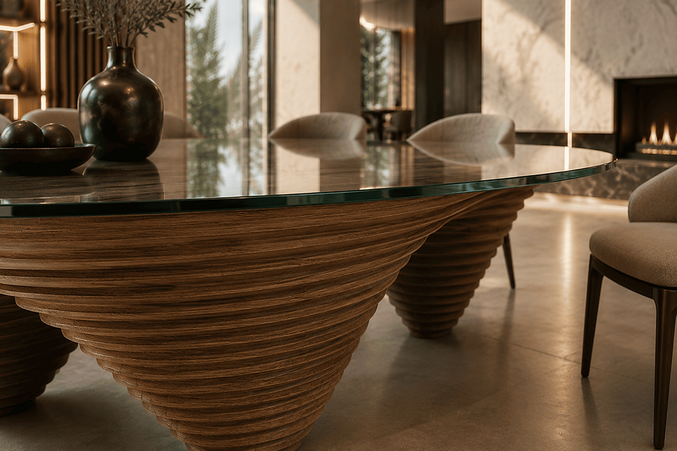Aurora Flow parametric art table with sculptural engineered oak base and oval glass top, contemporary luxury dining design.