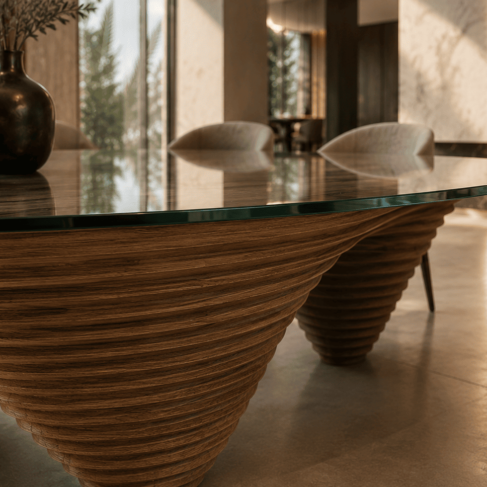 Aurora Flow parametric art table with sculptural engineered oak base and oval glass top, contemporary luxury dining design.