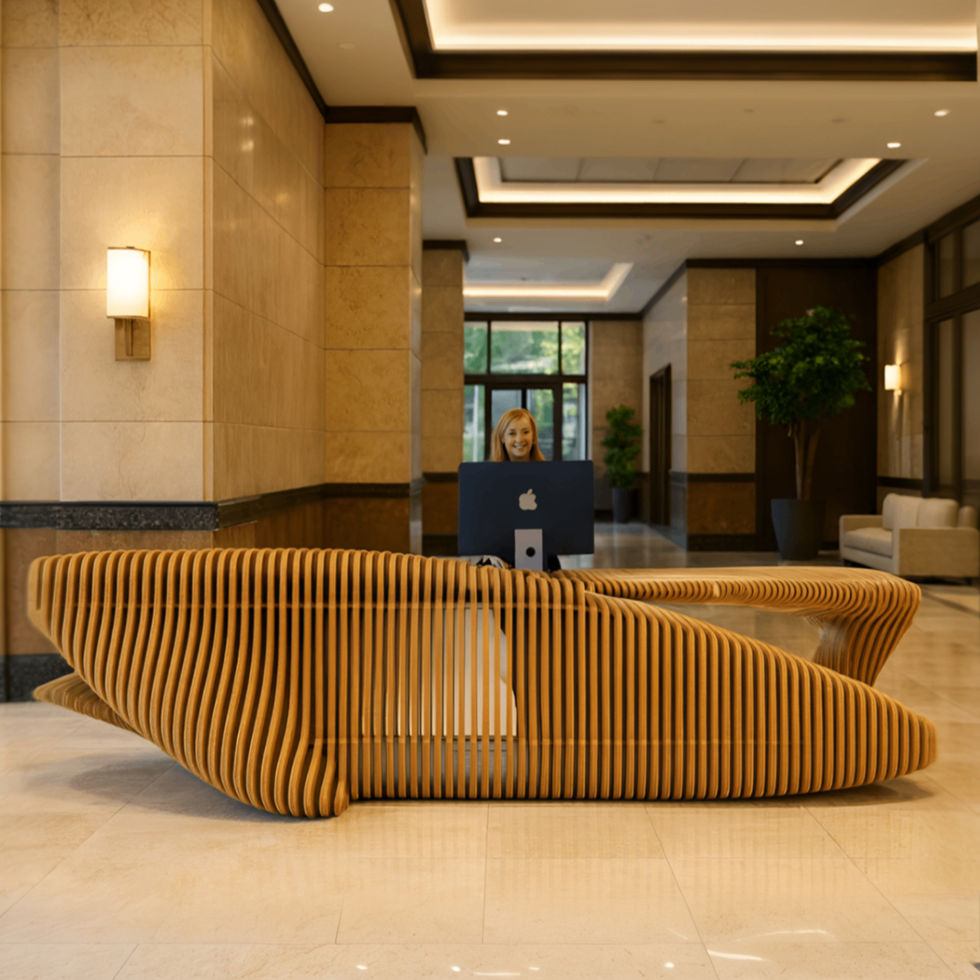 Aurea Wave Desk — modern parametric reception desk made from layered birch or oak plywood.