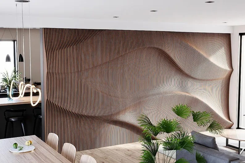 Modern living room with decorative wood panels for walls in birch finish