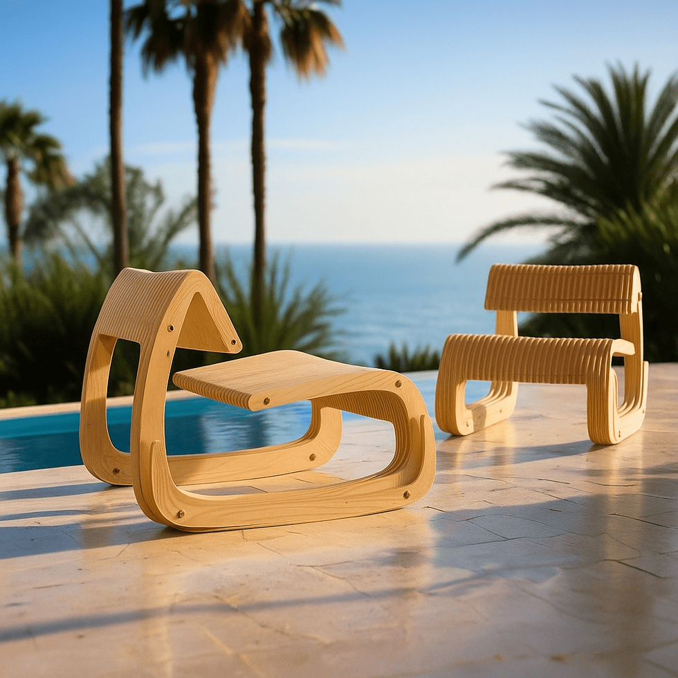 Custom-made G-shaped wooden chair from ZORKA FURNITURE placed on a terrace by the pool with a view of palm trees and the endl