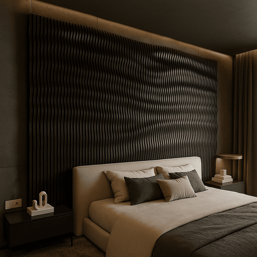 Scandinavian-style bedroom with decorative wood panels for walls