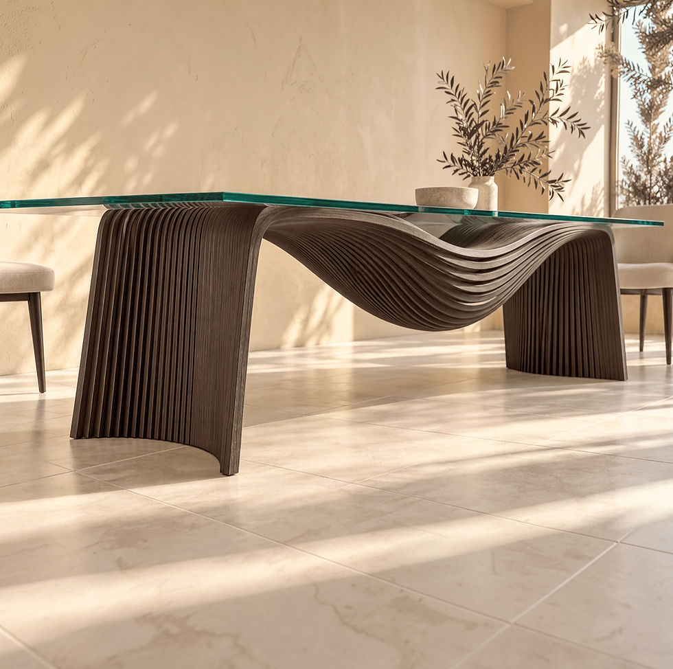 Silk contemporary dining table featuring a sculptural wave-shaped wooden base, elegant glass tabletop, and modern parametric