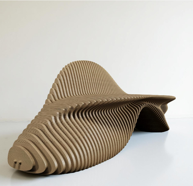 Sculptural modern bench Bench Nexus with layered plywood design