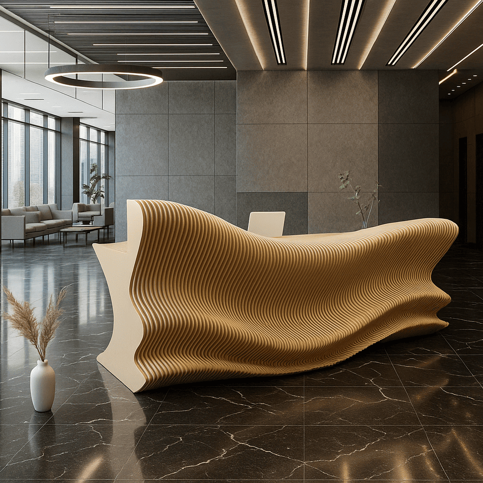 Parametric wooden reception desk with fluid wave-like design, set against a dark modern interior with black marble flooring.