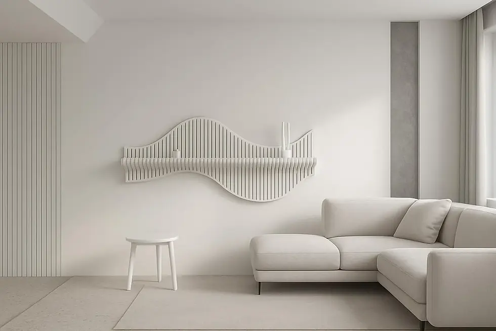 Shelf wooden wall made of birch or oak plywood, finished with natural oil or glossy paint, used for books and décor in a mode