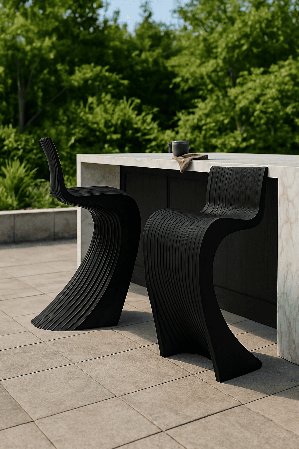 Two modern bar stools made in USA with sculptural wooden curves in a contemporary kitchen.