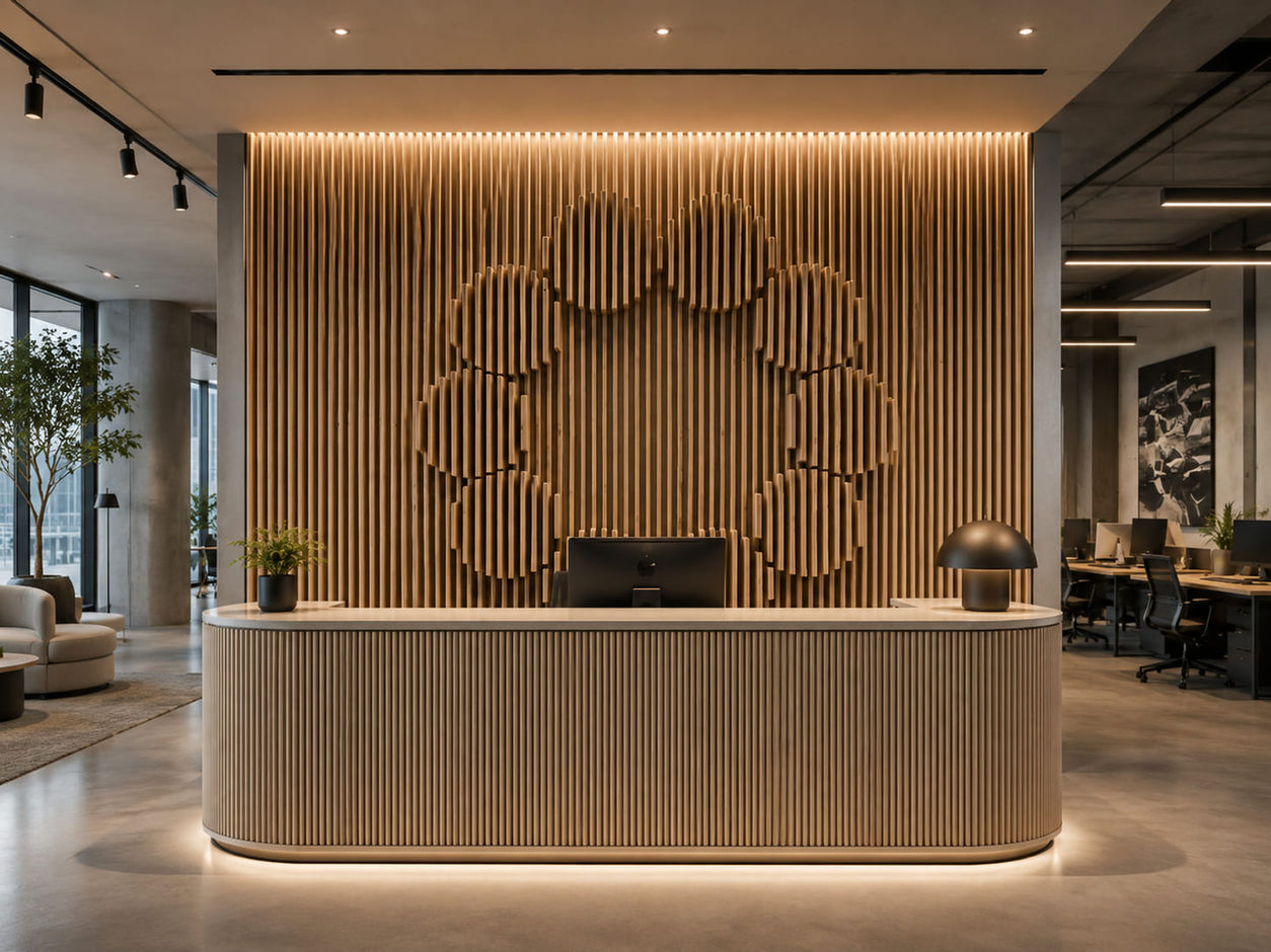 Custom Wood Slat Logo Wall featuring a 3D carved spa logo with architectural vertical slats, handcrafted plywood feature wall