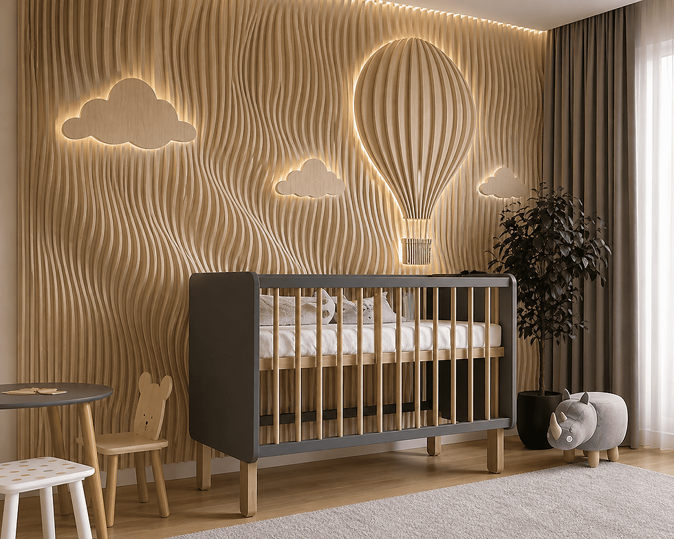 baby crib in modern nursery with parametric wood wall and hot air balloon design