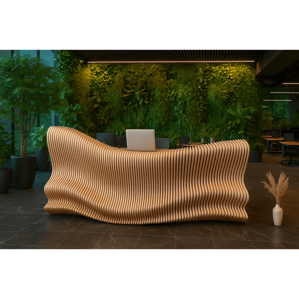 Parametric wooden reception desk with fluid wave-like design, set against a dark modern interior with black marble flooring.