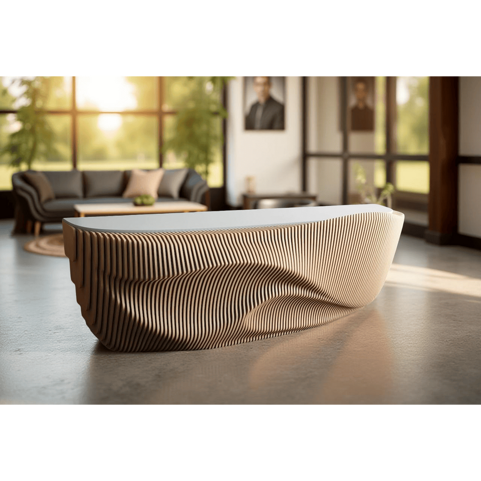 Harmony wood reception desk with parametric oak plywood design in warm tones