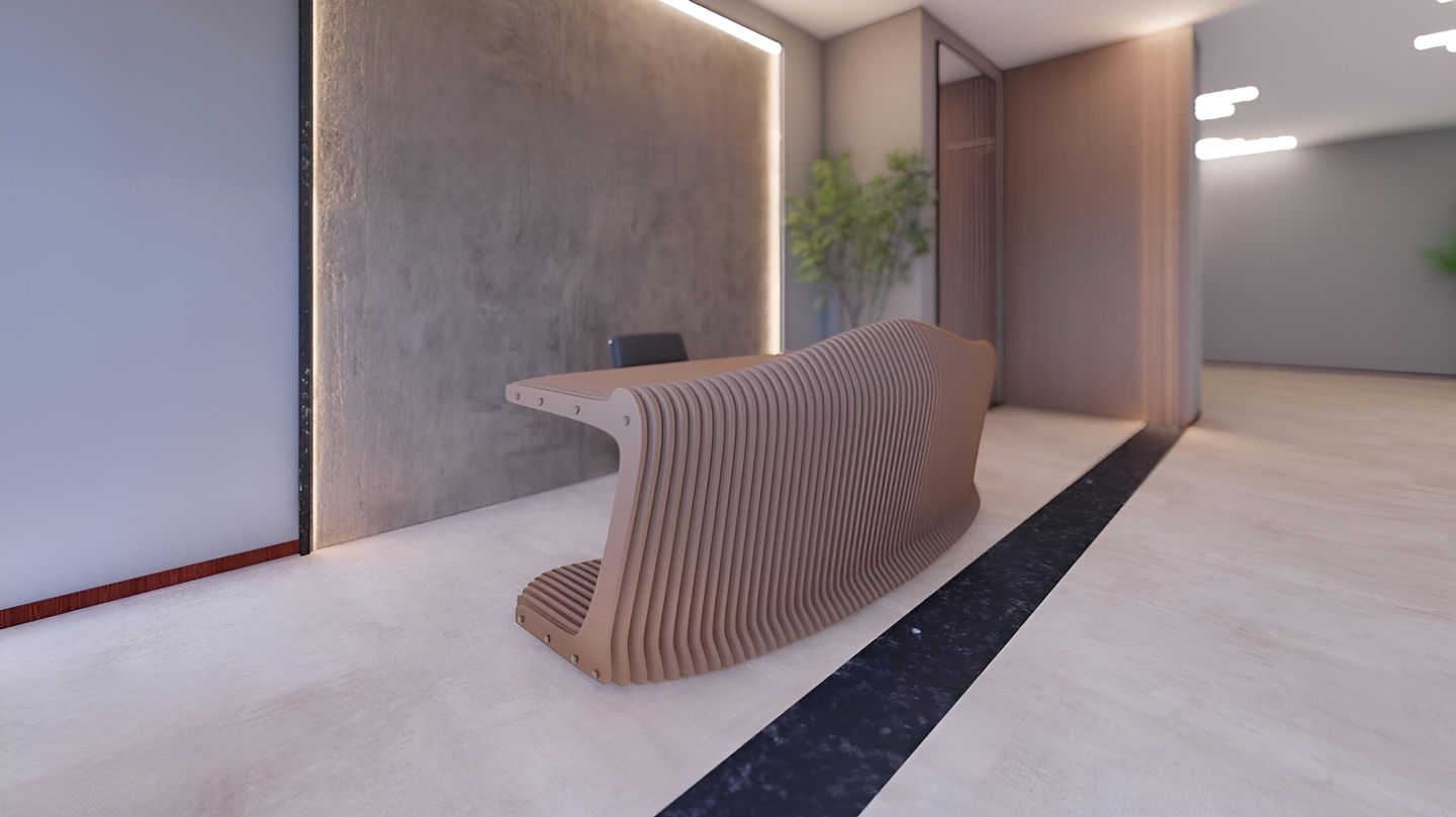 Modern wooden reception desk made from birch plywood, featuring a curved parametric design in a light natural finish,