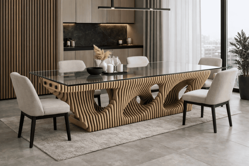 Parametric wooden dining table with sculptural layered base and a rectangular glass top, custom-made for modern interiors.