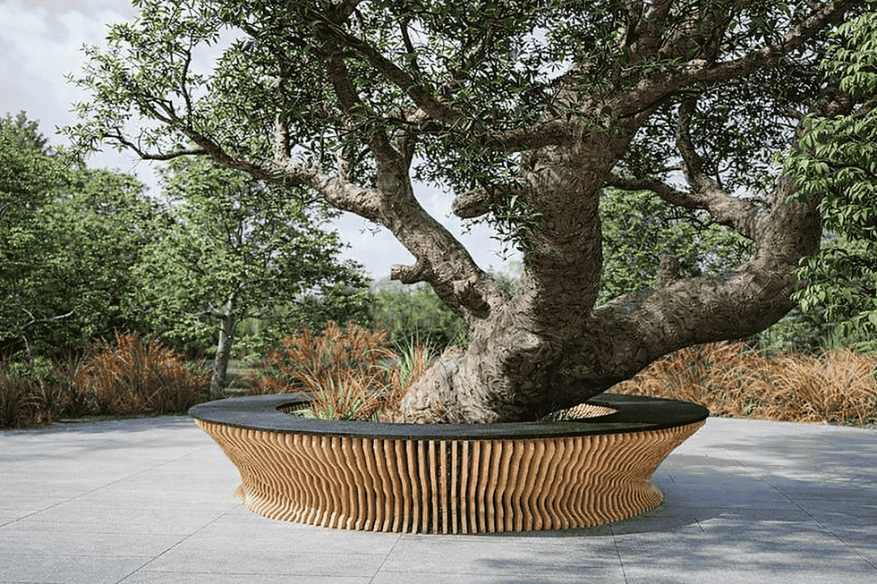 Modern round outdoor wooden bench with parametric design, built around a tree, featuring a black seat and integrated planter