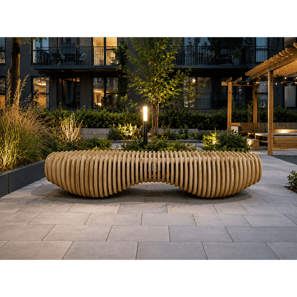 Modern outdoor wooden bench for sale on contemporary patio