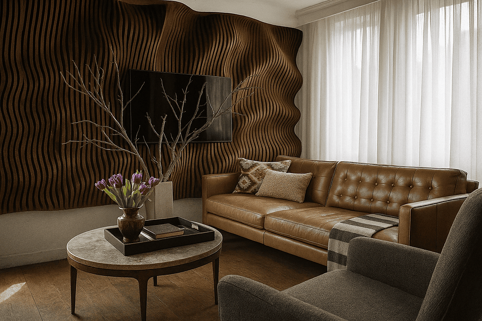 Modern living room with decorative wood panels for walls in birch finish
