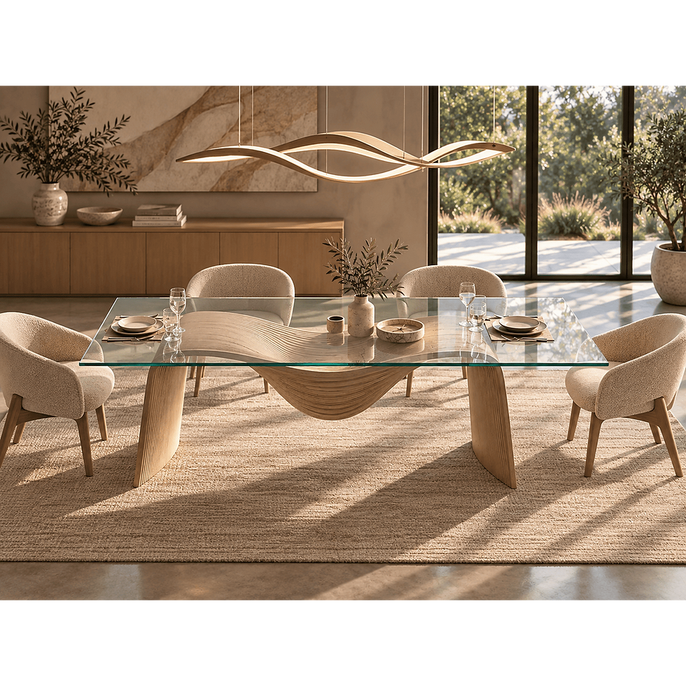 Silk contemporary dining table featuring a sculptural wave-shaped wooden base, elegant glass tabletop, and modern parametric