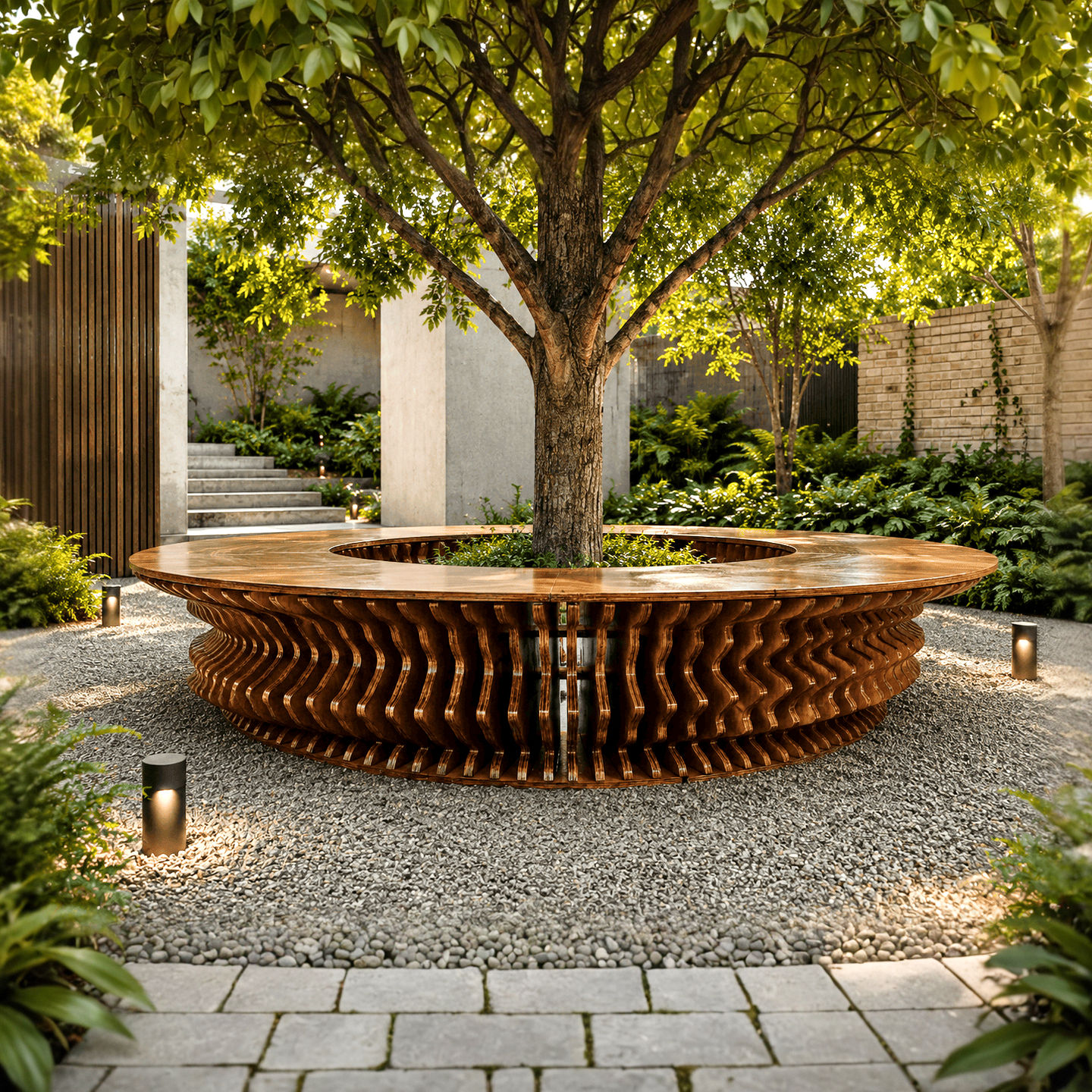 Modern round outdoor wooden bench with parametric design, built around a tree, featuring a black seat and integrated planter